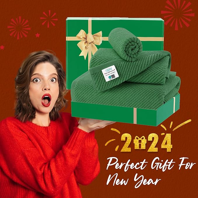 VOOVA & MOVAS 3 Piece Towel Set - 100% Cotton | Quick Dry | Light Weight | Thick | Soft, 1 Large Bath 30"x56", 1 Hand 18"x28",1 Wash Cloth 13" x 13", Luxury Towel Gift Set, Hunter Green