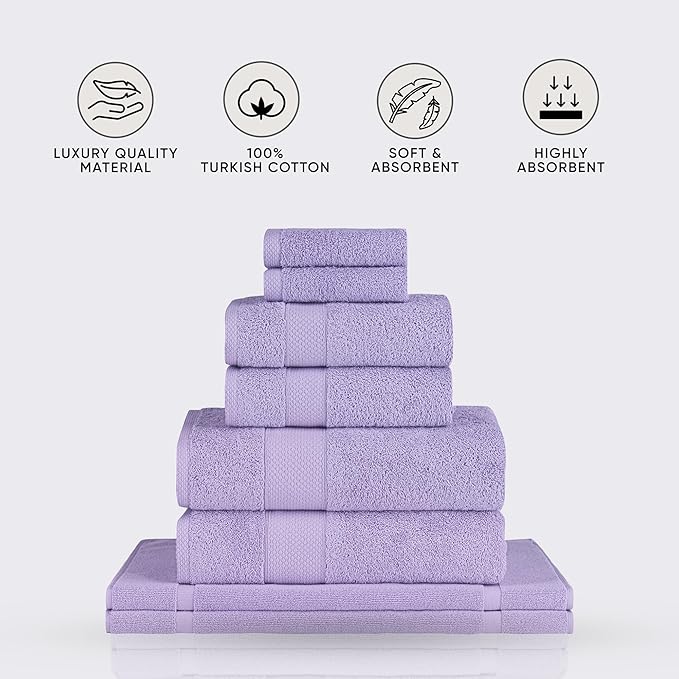 Towels Beyond - 8 Piece Luxury Towel Set, 100% Turkish Cotton, Includes 2 Bath Towels, 2 Hand Towels, 2 Washcloths & 2 Bath Mats, Highly Absorbent & Comfy Towels for Hotels & Spa | (Lilac)