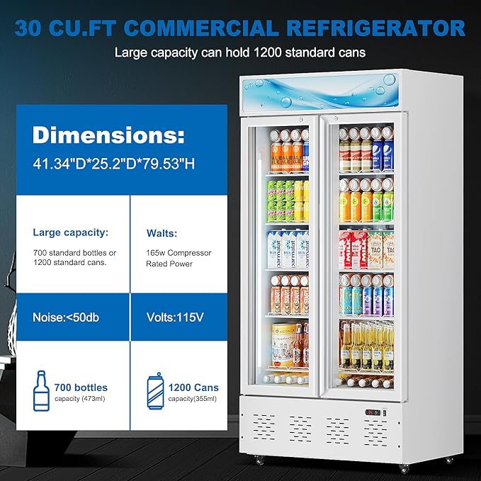 White Commercial Glass Door Display Refrigerator 30 Cu.ft Cooler Beverage Refrigerators with LED Light and 10 Shelves for Cafe Restaurant Store Bar