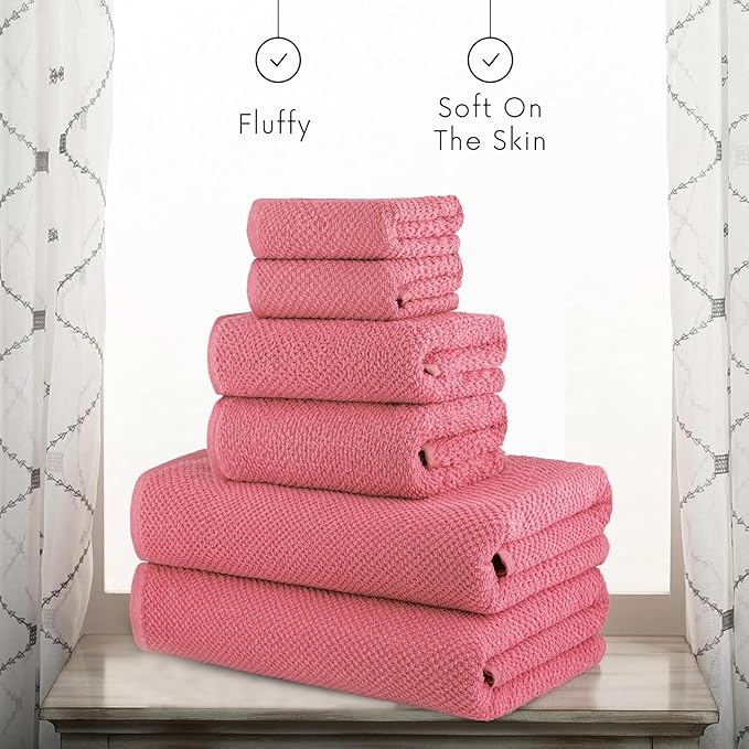CASA COPENHAGEN Popcorn Textured 6 Pieces Towel Set- Pink, 550 GSM 2 Bath Towel 2 Hand Towel 2 Washcloth, Rough & Tough Use Cotton Towels Gift Set for Bathroom