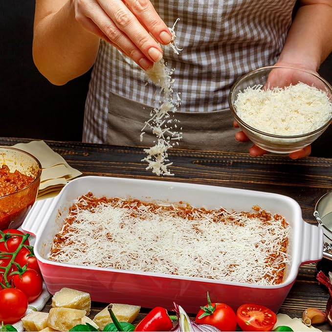 Baking Dish for Oven Ceramic Lasagna Pan 9×12.8 Inch Casserole Dishes Bakeware Set With Ramekin Large Deep Baking Dishes Rectangular Non-Stick Baking Pans for Kitchen Baking and Roasting Red