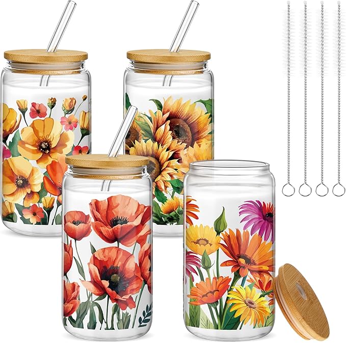 Mumufy 4 Pcs Oil Flower Themed Gifts for Women Cute Glass Cup Tumbler Flower Iced Coffee Mugs 16 oz Glass with Bamboo Lid & Straw, Christmas Mothers Day Birthday Gift for Mom Sister Bridesmaid
