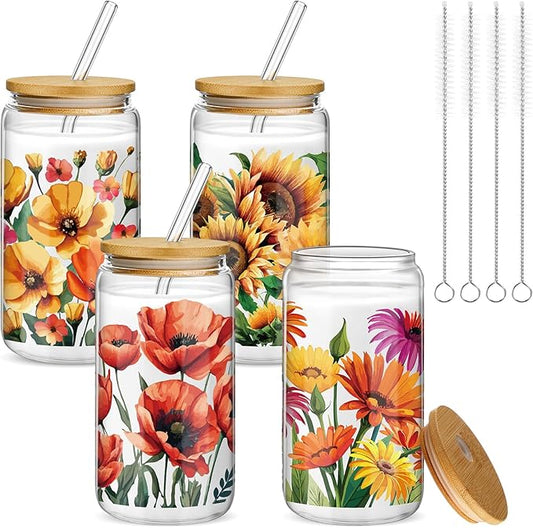 Mumufy 4 Pcs Oil Flower Themed Gifts for Women Cute Glass Cup Tumbler Flower Iced Coffee Mugs 16 oz Glass with Bamboo Lid & Straw, Christmas Mothers Day Birthday Gift for Mom Sister Bridesmaid