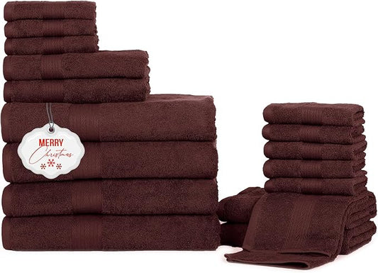 Ample Decor Bathroom Towel Set of 18-4 Hand Towel, 4 Bath Towel, 10 Wash Cloths - Oeko Tex Certified 600 GSM 100% Cotton - High Absorbency Quick Drying, Ideal for Gifting - Brown
