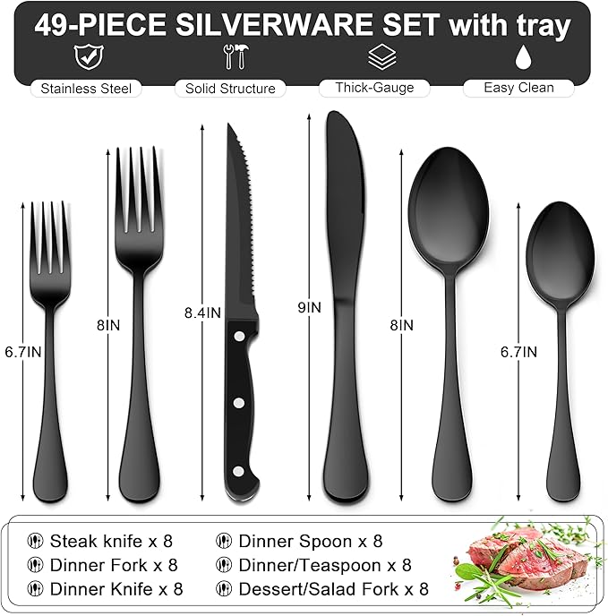 E-far Black Silverware Set with Organizer, 49-Piece Stainless Steel Flatware Cutlery Set for 8 with Tray and Steak Knives, Kitchen Metal Eating Utensils Tableware Sets, Mirror Polished & Rust Proof