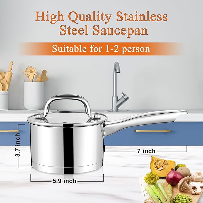 LIANYU 1 Quart Stainless Steel Saucepan, Small Sauce Pan with Lid, Tri-Ply Bottom Multipurpose Pot for Cooking, Straight Side, Dishwasher Safe, Compatible with All Cooktops