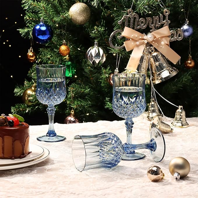XUWAIDSGN 7oz Plastic Vintage Wine Glasses Drinking Glasses Unbreakable Wedding Glassware Crystal Water Goblets Reusable Drinkware Vintage Champagne Flutes (100, Blue)