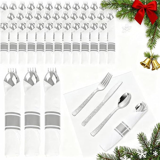 WELLIFE 400PCS Silver Plastic Silverware, Pre Rolled Silverware Set Disposable,Plastic Cutlery Includes: 100 Forks, 100 Knives, 100 Spoons, 100 Napkins, Cutlery Set Disposable for Christmas