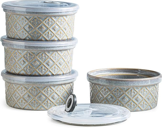 16 oz Ramekins with Lids Oven Safe, Ceramic Ramekins for Creme Brulee, Embossed Pudding Custard Ramekin for Baking Souffle, Porcelain Baking Bowls Set of 4, Gray