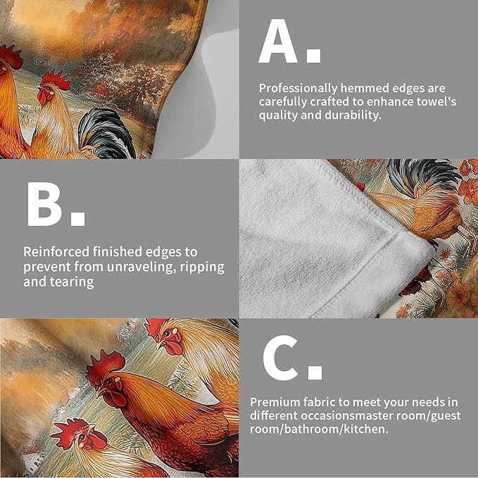 Imiss Farm Chicken Hand Towels Set of 2 Vintage Rooster Floral Bathroom Towel 14.4 x 28.3 Inch Farmhouse Rustic Kitchen Tea Dish Cloth for Guest Spa Home Housewarming Gift