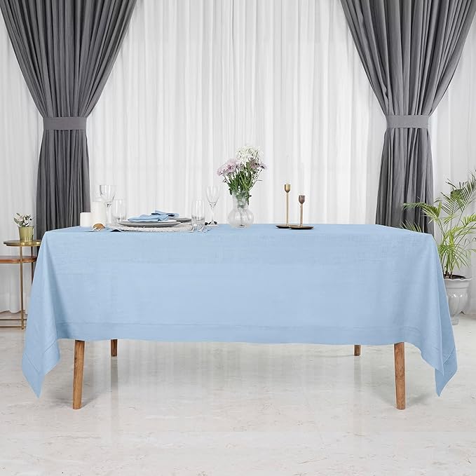 D'Moksha Homes Powder Blue Linen Tablecloth 60 x 108 Inch - 100% Pure Linen Blue Table Cloth for Rectangle Tables - Classic Hemstitch, Machine Washable Tablecloth for Holiday, New Year