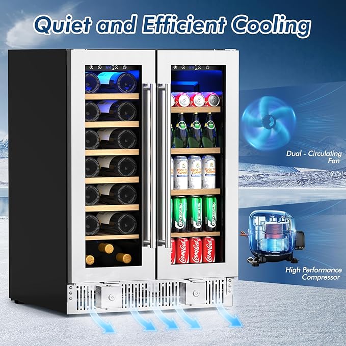 Antarctic Star 24-inch Wine & Beverage Refrigerator with LED Light & Door Lock, Dual-Zone Glass Doors, Smart Touch Panel, 21 Bottles & 88 Cans, Built-in/Freestanding for Home/Offices/Kitchen