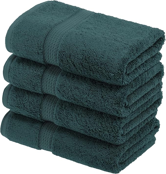 Superior Egyptian Cotton Pile Hand Towel Set of 4, Ultra Soft Luxury Towels, Thick Plush Essentials, Absorbent Heavyweight, Guest Bath, Hotel, Spa, Home Bathroom, Shower Basics, Teal