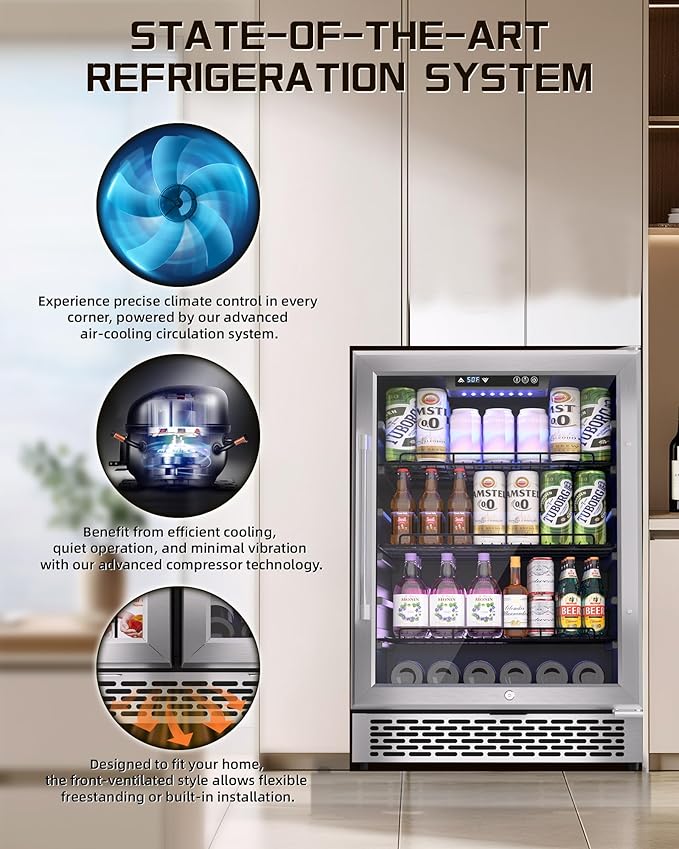 24-Inch Built-In Beverage Cooler, 200 Can Capacity, Smart Control System, for Soda, Beer, Wine & Water, Ideal for Kitchen, Bar, Living Room