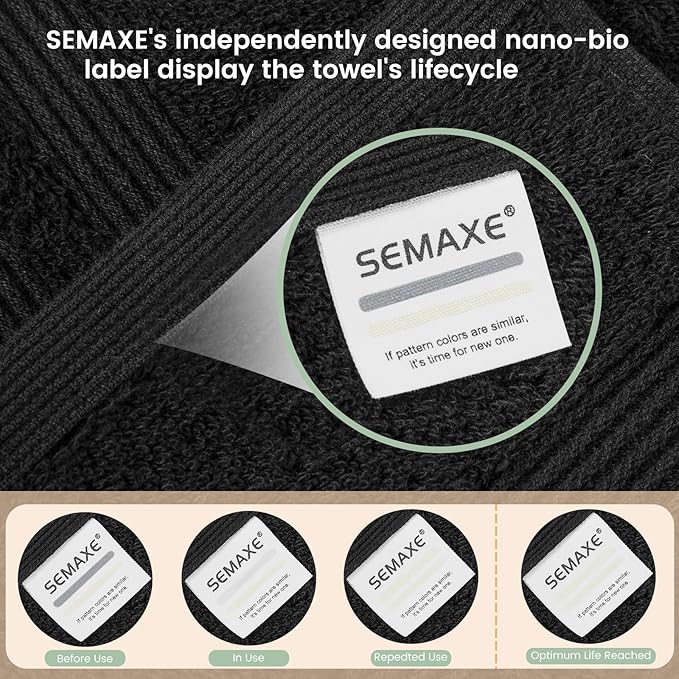SEMAXE Solid 6-Piece Towel Set, Black, 600GSM 100% Cotton, 2 Each of Bath Towel, Hand Towel, and Washcloths, Gift Box Packaging, Hanging Loop Design