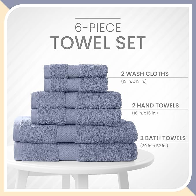 Martex 6-Piece 100% Ringspun Cotton Towel Set | Quick Dry | Super Absorbent & Soft | Lightweight | 2 Bath Towels | 2 Hand Towels | 2 Wash Cloths | Heather Blue