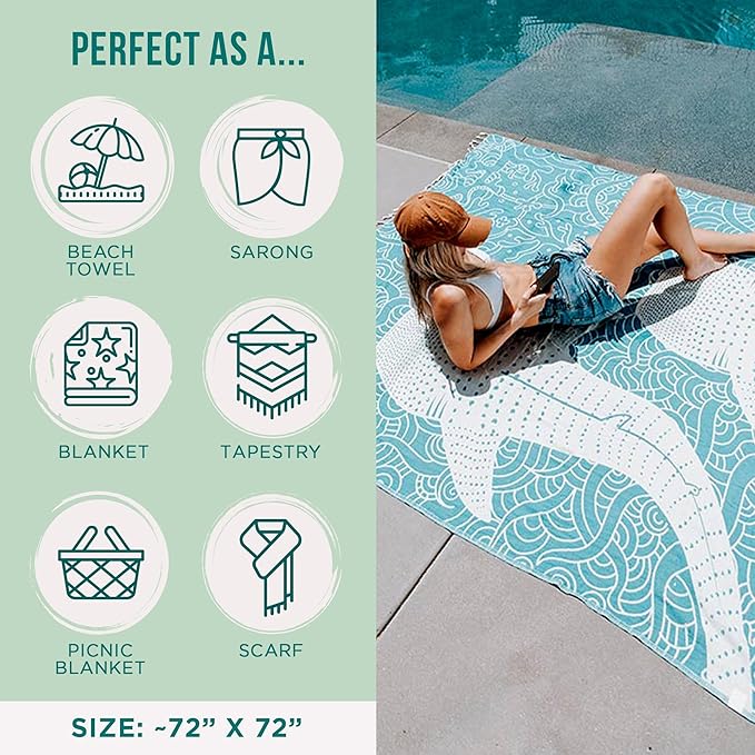 Sand Cloud Large Turkish Beach Towel - Sand Free - 100% Organic Turkish Cotton Yarn - Quick Dry Towel for Beach, Picnic, Blanket or Bath - As Seen on Shark Tank - Marine Life (Whale Shark Turquoise)
