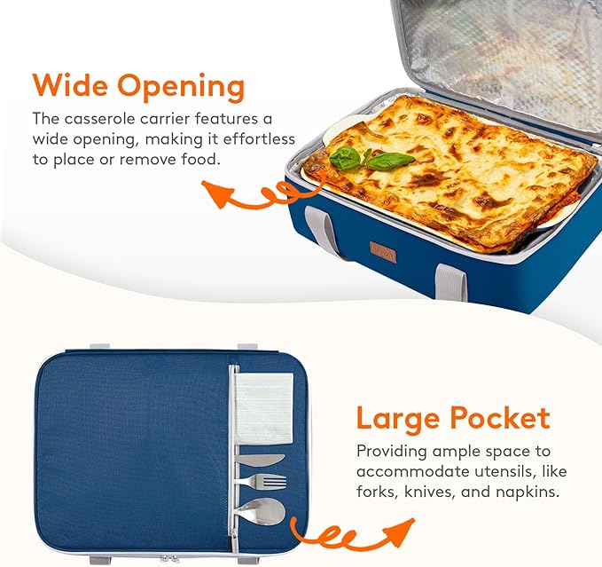 Lifewit Insulated Casserole Carrier for Hot or Cold Food, Casserole Dish with Lid and Carrying Case, Lasagna Holder for Potluck Parties/Picnic/Cookouts, Fits 9"x13" Baking Dish, Pure Blue