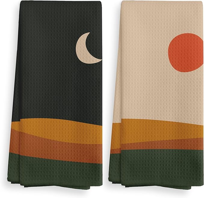 Abstract Boho Sun Moon Mountain Lake Landscape Kitchen Towels and Dishcloths Sets of 2,Boho Absorbent Drying Cloth Hand Towels Tea Towels for Bathroom Kitchen,Boho Gifts for Women Girls,16×24 inches