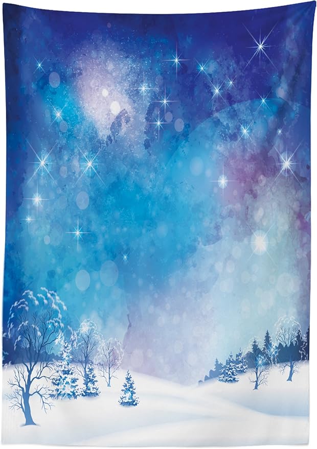 Ambesonne Night Sky Tablecloth, Christmas Themed Abstract Snow Winter Scenery Pine Trees, Dining Room Kitchen Rectangular Table Cover, 52" X 70", Pale Blue