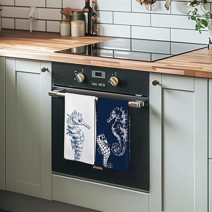 Coastal Seahorse Beach Decor Dish Hand Tea Towels for Bathroom Kitchen, Blue Seahorse Ocean Nautical Beachy Bathroom Decor, Coastal Nautical Kitchen Towels and Dishcloths Sets of 2, 16x24Inch