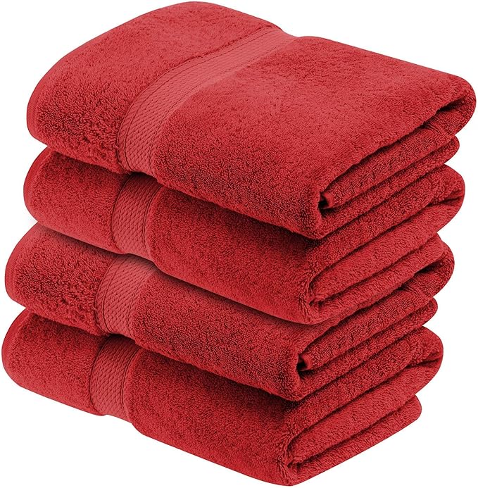 Superior Egyptian Cotton Pile Bath Towel Set of 4, Ultra Soft Luxury Towels, Thick Plush Essentials, Absorbent Heavyweight, Guest Bath, Hotel, Spa, Home Bathroom, Shower Basics, Red