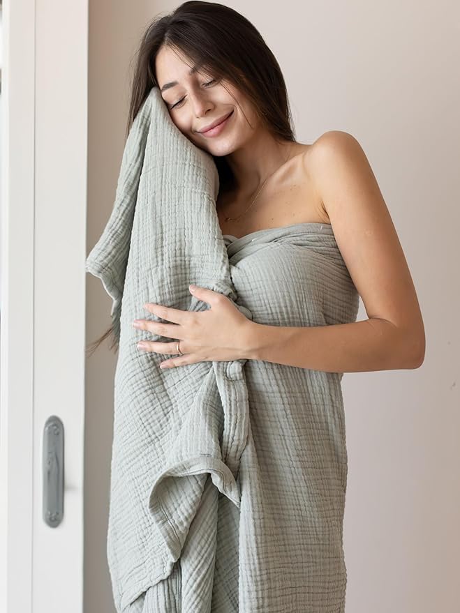 4 Pieces Muslin Towel Set for Bathroom, Luxury 100% Turkish Cotton Thin Soft Quick-Dry Lint-Free Large Size Bath Hand Towel Sets (Sage Green, 2 Bath & 2 Hand Towel Set)