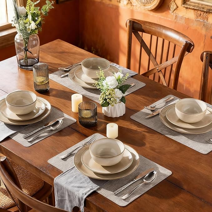 AmorArc Stoneware Dinnerware Sets for 8, 24 Pieces Handpainted Ceramic Plates and Bowls Set, Scratch Resistant Dishes Set, Dishwasher & Microwave Safe, Cappuccino