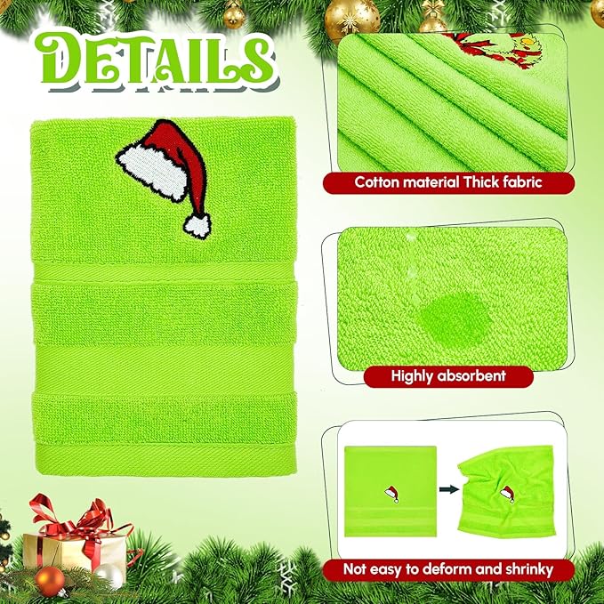 Peryiter 6 Pack Cotton Christmas Green Bath Towels Set Bright Green Christmas Towels Bathroom Set, Soft and Absorbent, Contains 2 Bath Cloth, 2 Hand Cloth and 2 Washcloths