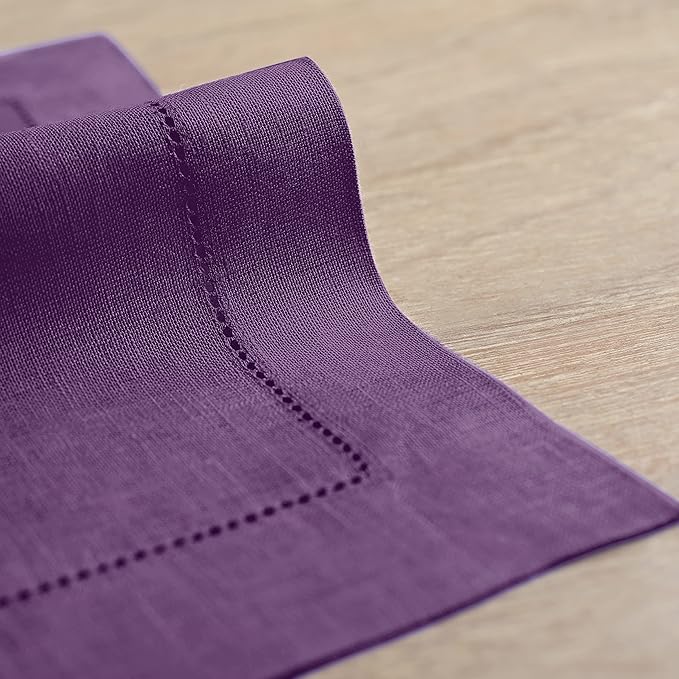 Solino Home Linen Placemats Set of 4 - Classic Hemstitch Purple Placemats 14 x 19 Inch - 100% Pure Linen Table Mats for Winter, Holiday, Valentines, New Year