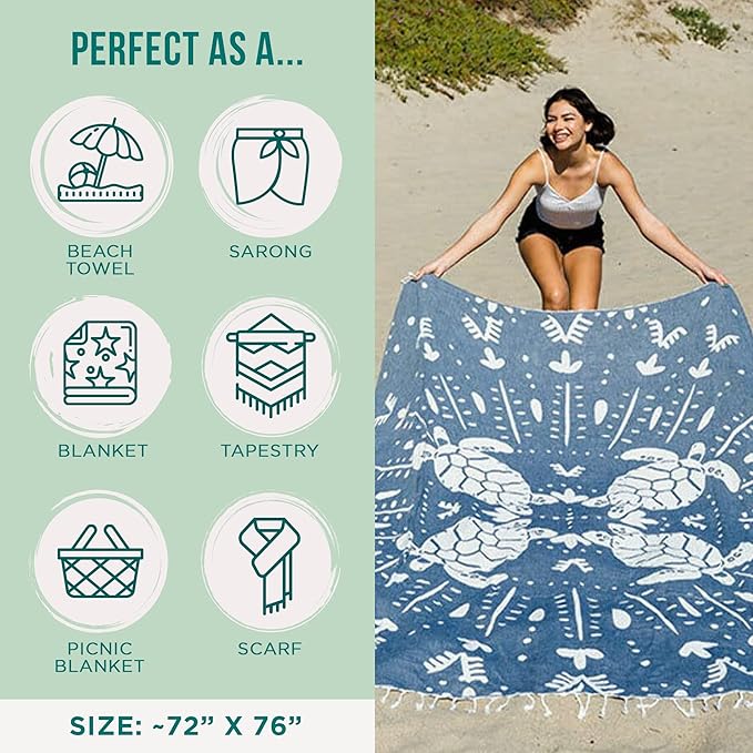 Sand Cloud Extra Large Turkish Beach Towel - Sand Free - 100% Organic Turkish Cotton Yarn - Quick Dry Towel for Beach, Picnic, Blanket or Bath - As Seen on Shark Tank - Marine Life (Prism Turtles XL)