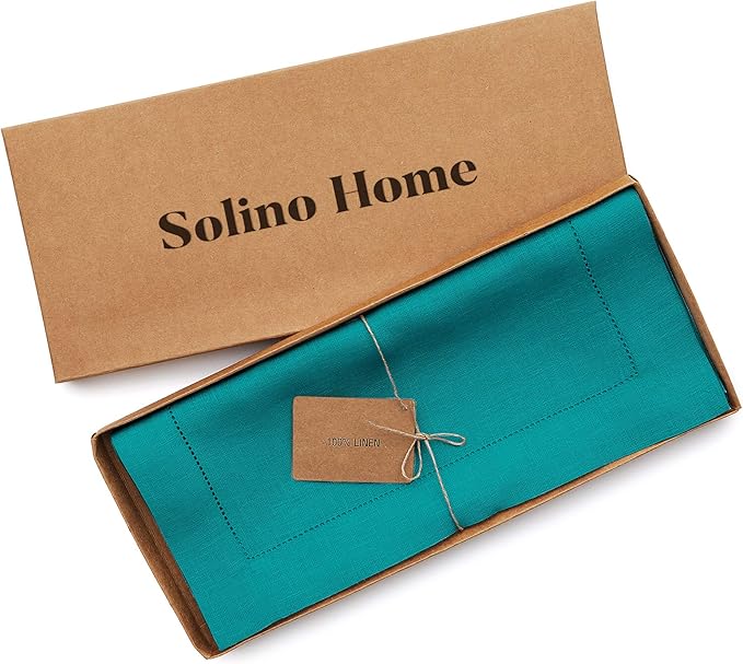 Solino Home Linen Table Runner 120 Inches Long - 100% Pure Linen Teal Table Runner 14 x 120 Inch for New Year - Classic Hemstitch