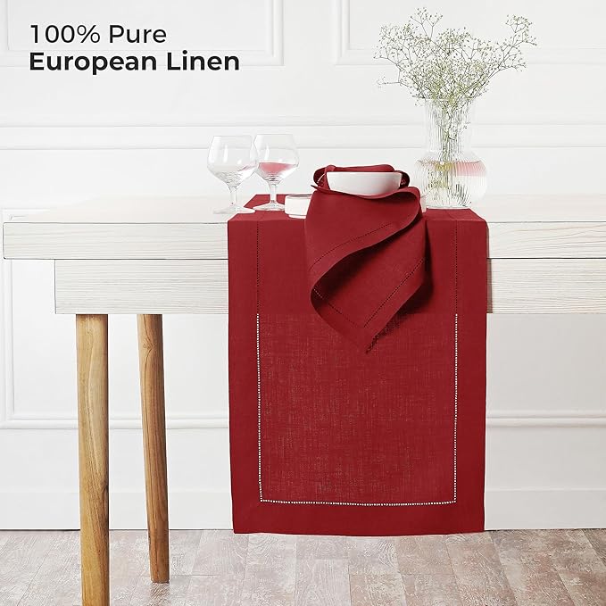 D'Moksha Homes Linen Red Table Runner 72 Inches Long - 100% Pure Linen Hemstitch Table Runner 14 x 72 Inch for Dresser, Dining, Winter, Holiday, New Year - Classic Hemstitch