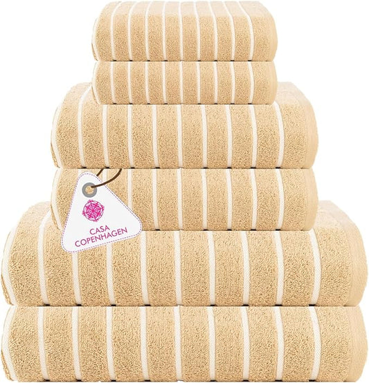 CASA COPENHAGEN Ecstatic 6 Pieces Towel Set- Beige, 600 GSM 2 Bath Towel 2 Hand Towel 2 Washcloth, Designed in Denmark Made of Soft Egyptian Cotton for Bathroom, Kitchen & Shower
