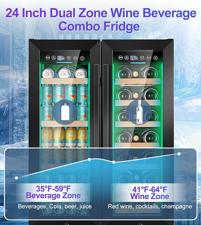 24 Inch Wine and Beverage Refrigerator，90 Can & 21 Bottle Dual Zone Wine Fridge Cooler, Built-In or Under Counter Fridge with 3 LED, Fast Cooling & Low Noise for Home/Kitchen