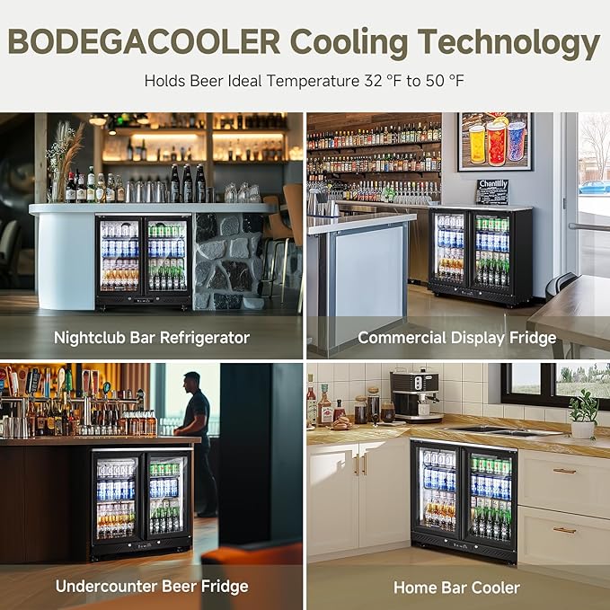BODEGACOOLER Back Bar Cooler with 2 Glass Doors,7.7Cu.ft Commercial Bar Beverage Refrigerator Under Counter LED Lighting for Soda Drinks,Beer,Wine with Stainless Steel Top,DOE Approved,4 Casters