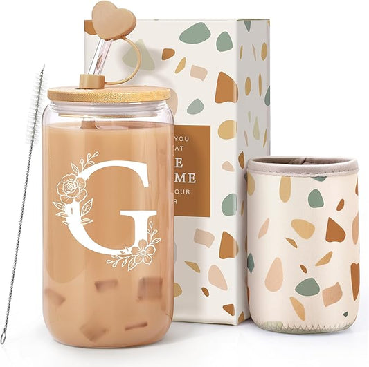 Personalized Gifts for Women, Monogrammed Gifts for Women, Initial 16 oz Glass Cups With Lids and Straws, Customized Mug, Personalized Birthday Gifts Christmas Gifts for Her Mom Friend Woman, G