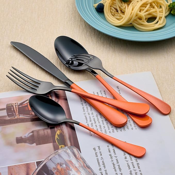 20-Piece Black Silverware Set 18/0 Stainless Steel Silverware Set Orange Handle Cutlery Set Service for 4 Dinner Knives Forks Spoons Set Flatware Set Finish Dishwasher Safe