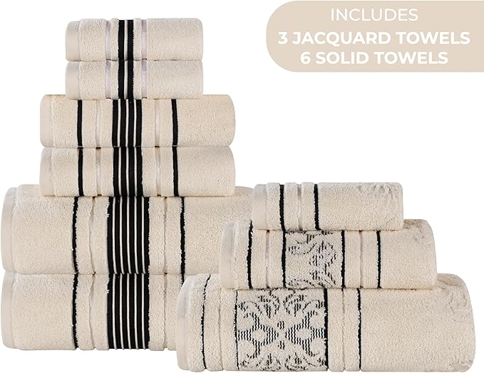 Superior Cotton 9 Piece Assorted Floral Towel Set, Includes 3 Bath, 3 Hand, 3 Washcloth/Face Towels, Quick Dry, Home Essentials, Shower, Spa, Luxury Plush Soft Absorbent Towels, Zero Twist, Ivory