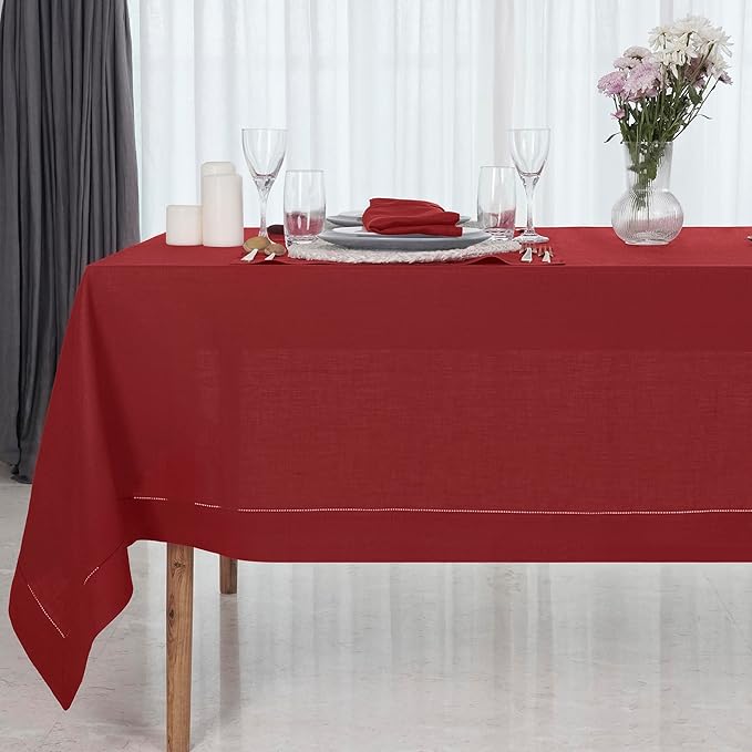 D'Moksha Homes Red Linen Tablecloth for Rectangle Tables 60 x 102 Inch - Classic Hemstitch 100% Pure Linen Red Table Cloth - Machine Washable Dining Tablecloth for Winter, Christmas, Holiday, New Year