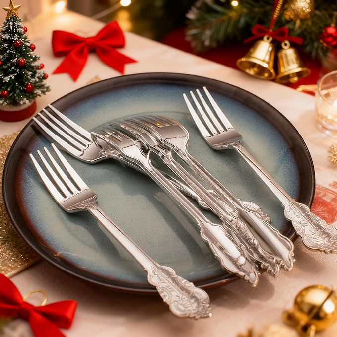 WDF 100 Piece Silver Forks Disposable - 7.48 Inch Silver Plastic Forks - Baroque Silverware for Dessert Cake - Heavy Duty Plastic Fork for Christmas Party, Wedding or Daily Using