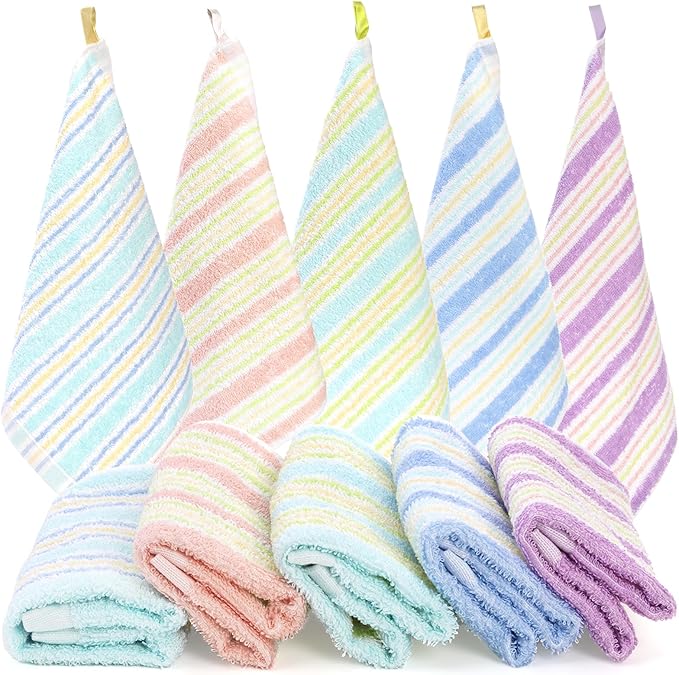 20 Pack Small Face Wash Cloths, 10x10 Inch Cotton Soft Hand Towel, Comfortable Striped Fingertip Towel for Sensitive Skin, Reusable Makeup Remover Cloth, Absorbent Cleaning Rag, 5 Colors