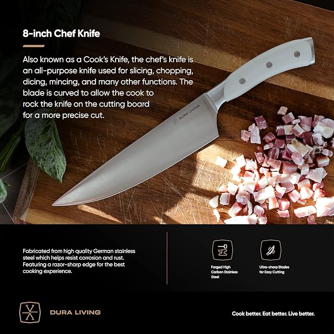 DURA LIVING 8-Inch Chef Knife – Ultra-Sharp German High Carbon Stainless Steel, Full Tang, Ergonomic Handle, Multipurpose Kitchen Knife for Chopping, Slicing, and Dicing, Cream
