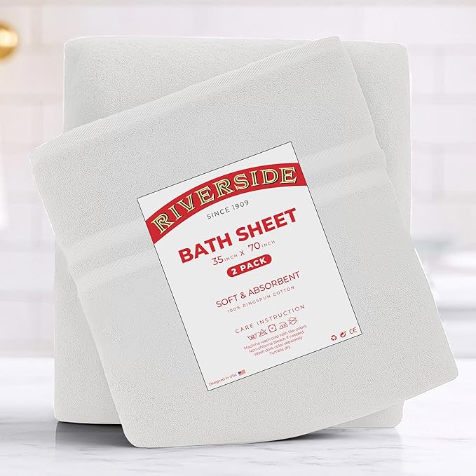RIVERSIDE Pack of 2 Extra Large Bath Sheets 35 x 70 Inches - 100% Ring Spun Cotton Hotel Quality Oversized Bath Towels - Super Soft, Highly Absorbent & Quicker to Dry - White