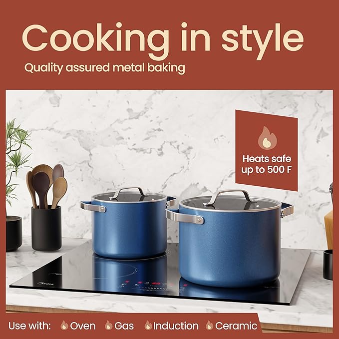 Bakken 8.5 Quart Ceramic Coated Stock Pot with Lid, Easy Clean Nonstick Pot, Tempered Glass Lid, Riveted Stainless Steel Handles, Oven Safe Up To 500°F, PTFE & PFAS Free, All Stove Compatible, Blue
