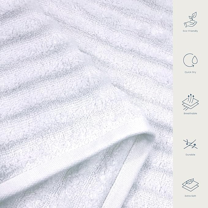 Blue Loom Ribbed Bath Towels Set, 100% Cotton 600 GSM, Soft Absorbent Durable Quick Drying 2 Bath Towels for Bathroom - Mason Set of 2 White (58" x 30" Inch)
