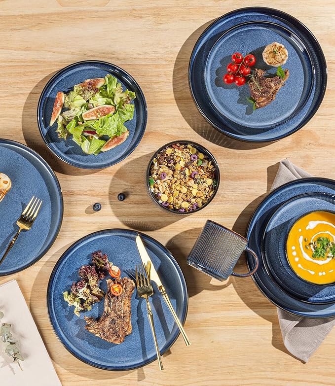 TheTerra Ceramic Dinnerware Sets for 4, 12 Pieces Porcelain Lightweight Plates and Bowls Sets, Scratch Resistant Dish Set, Oven & Microwave & Dishwasher Safe, Starry Blue