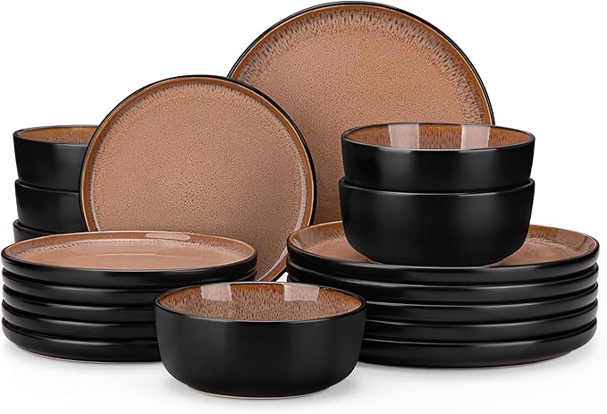 vancasso Plates and Bowls Sets, 18 Pieces Stoneware Dinnerware Sets for 6, Kitchen Dish Set Mircowave and Dishwasher Safe Ceramic Dishware, Dark Brown, Series AMBER