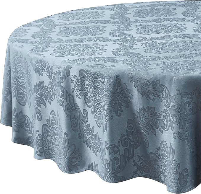 Newbridge Christmas Barcelona Damask Fabric Tablecloth, 90 Inch Round, Blue – No Iron, Soil Resistant Table Cover for Dining, Parties and Holidays