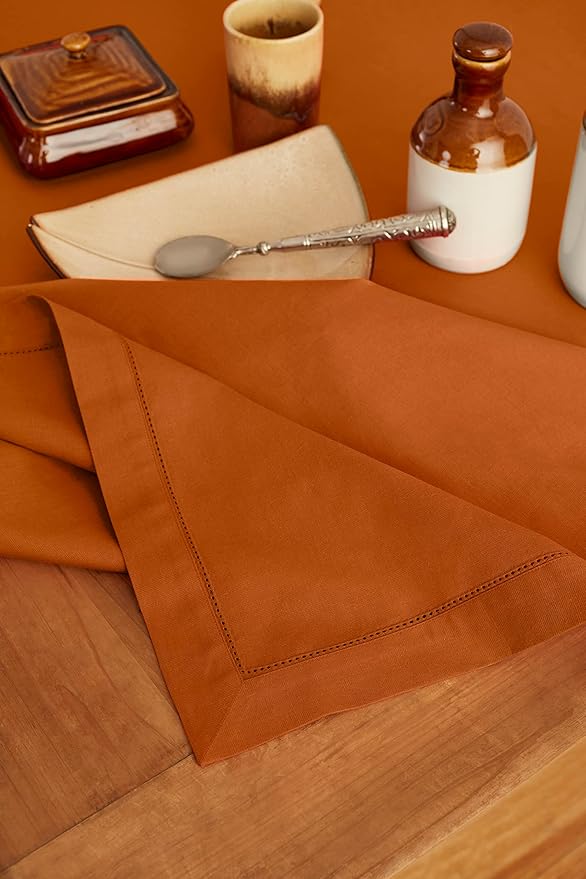 Solino Home Cotton Linen Tablecloth 58 x 144 Inch - Hemstitch Cinnamon Table Cloth for Rectangle Tables - Machine Washable Tablecloth